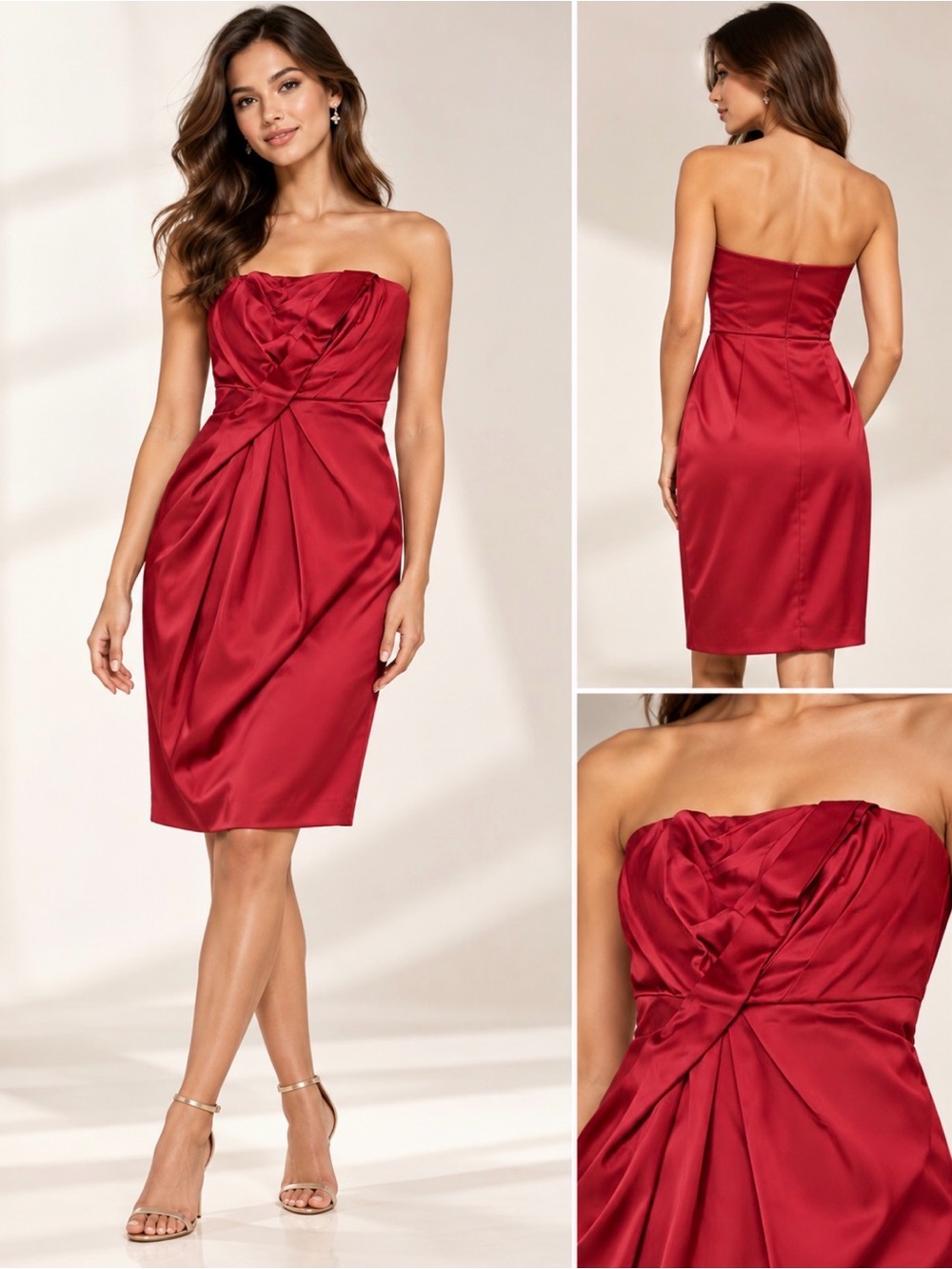 White House Black Market Size 6 Red Satin Strapless Cocktail Dress